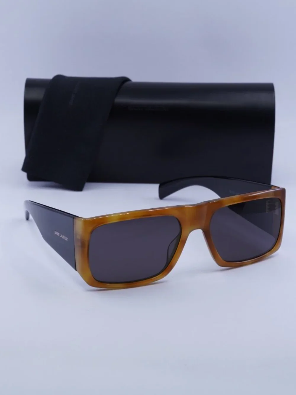 Saint Laurent SL736 001 Geometric Sunglasses - Brown Havana/Black / Grey